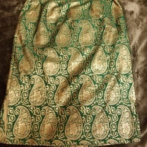 Lafayette 148 New York Skirt Knee Brocade Paisley Metallic Green Gold